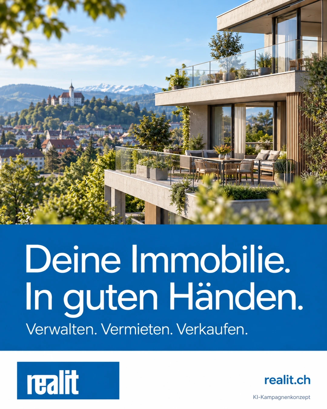 Realit Werbebild mit Immobilienmotiv und blauer Markenfarbe